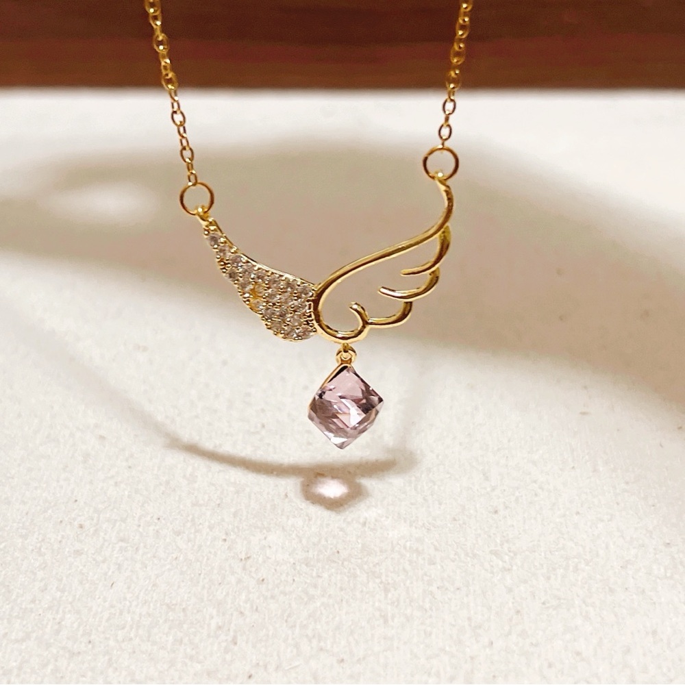 Angle Wing With Dangle Pink Stone Cube Necklace - image 3